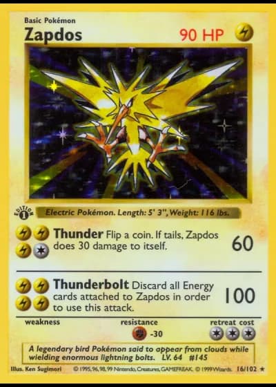Zapdos (shadowless) #16/102 — Base Set (Shadowless)