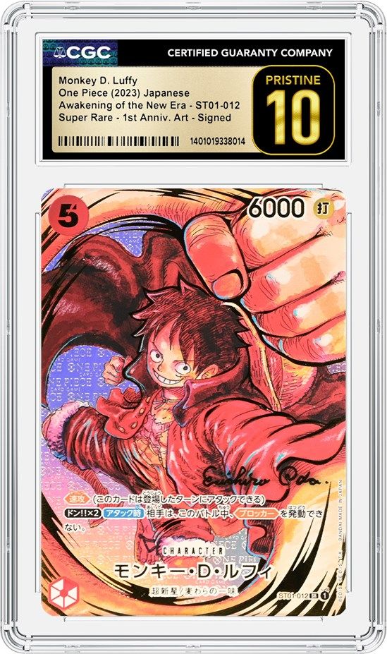 A CGC slab holding a Japanese One Piece Monkey D. Luffy ST01-012, labeled Super Rare, 1st Anniversary art, Signed, graded Pristine 10 on CGC's gold label.