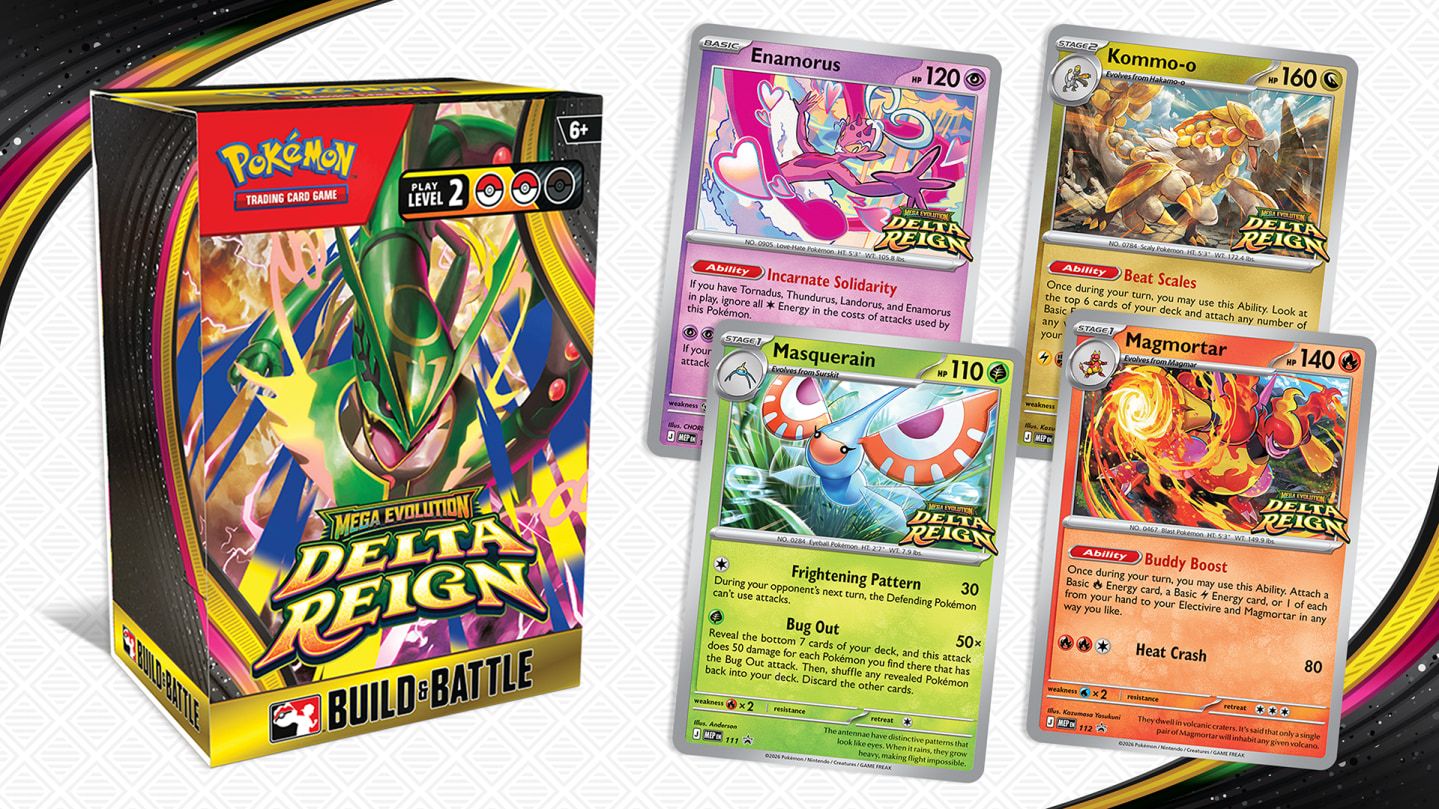 The Delta Reign Build & Battle Box, with Mega Rayquaza on the box, beside its four foil promo cards: Enamorus, Kommo-o, Masquerain and Magmortar.