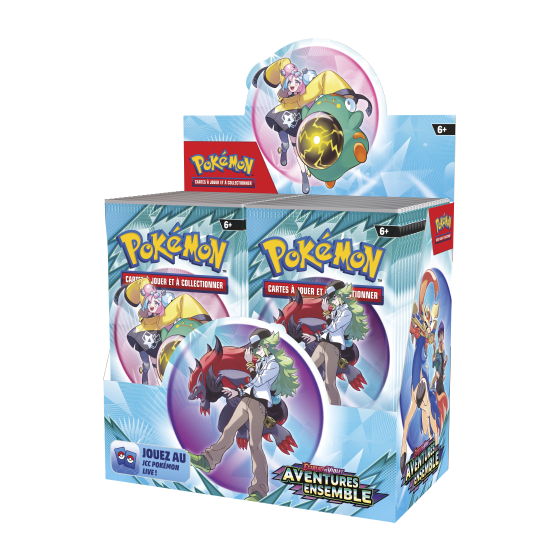 Le display Écarlate et Violet Aventures Ensemble en français, une boîte ouverte de 36 boosters avec N et Mashynn sur le décor.