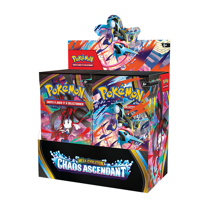 Le display Méga-Évolution Chaos Ascendant en français, une boîte ouverte de 36 boosters aux couleurs vives.