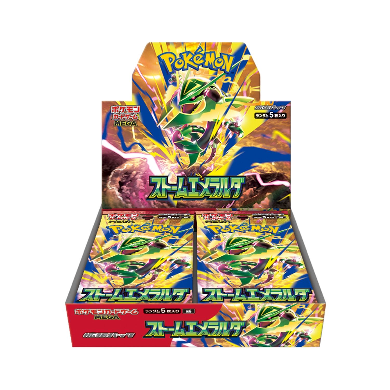 Le display japonais de Storm Emeralda, une boîte ouverte de 30 boosters avec Méga-Rayquaza sur le décor.