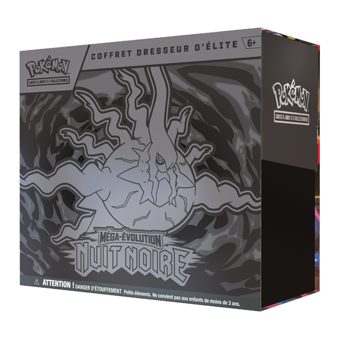 Le Coffret Dresseur d'Élite Méga-Évolution Nuit Noire en français, gris et noir, avec Méga-Darkrai sur la boîte.