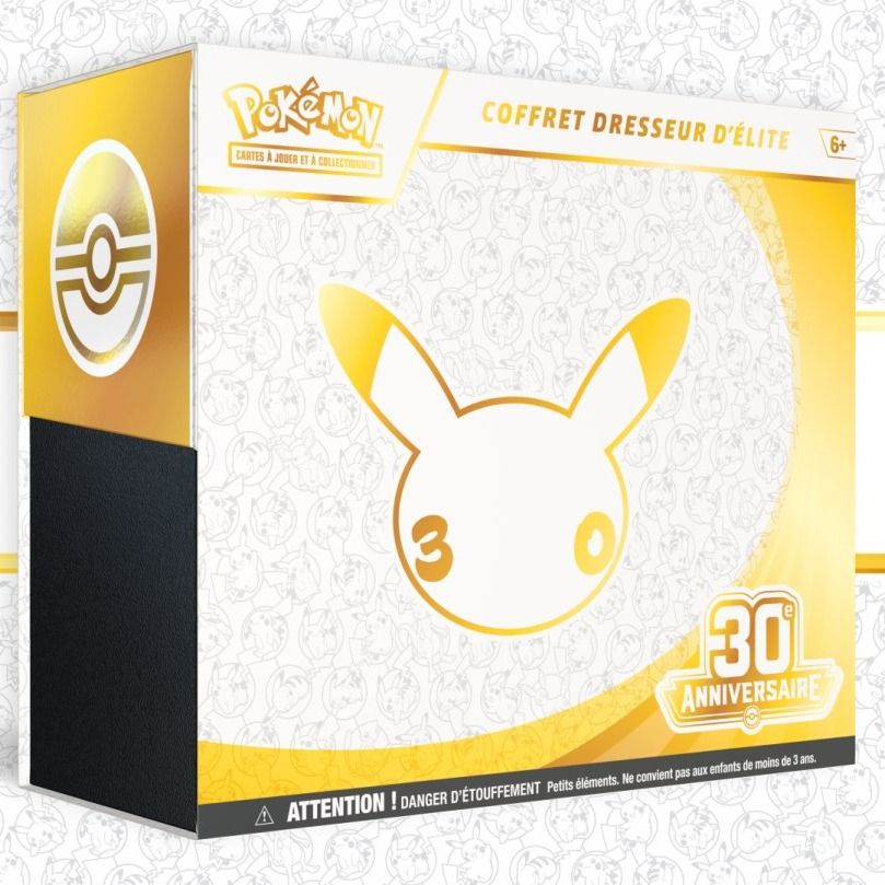 Le Coffret Dresseur d'Élite 30e Anniversaire en français, blanc et or, avec une silhouette de Pikachu dont les joues forment le nombre 30.
