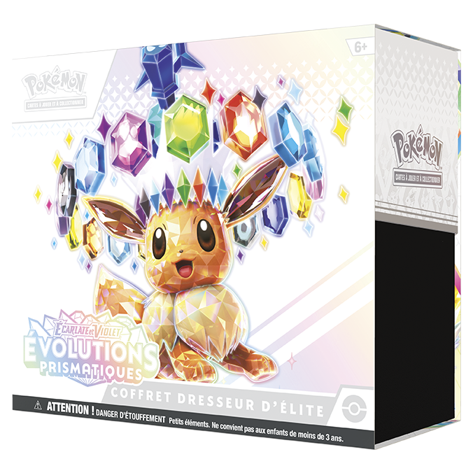 Le Coffret Dresseur d'Élite Écarlate et Violet Évolutions Prismatiques en français, avec Évoli entouré de cristaux sur la boîte.