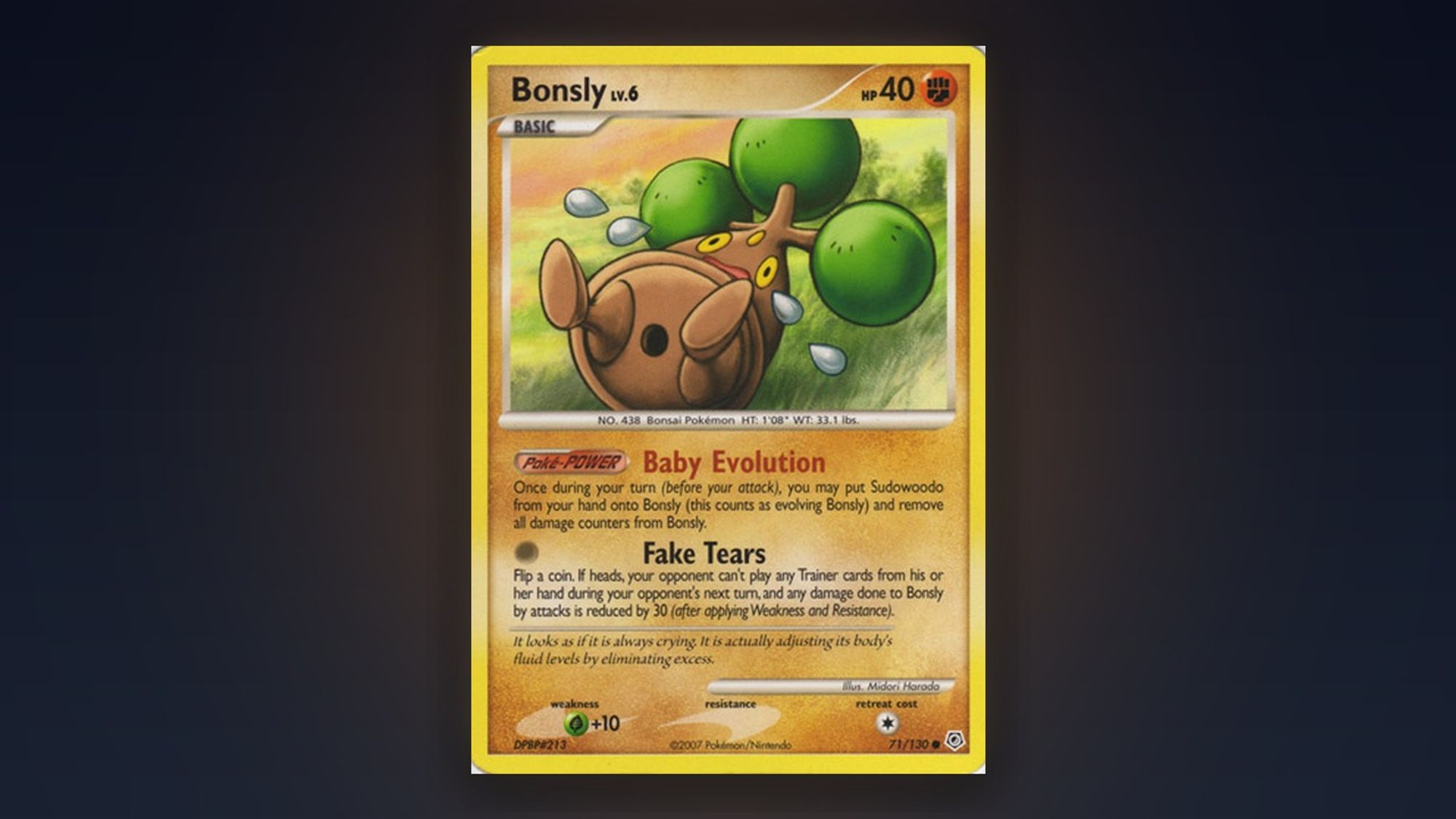 Bonsly, Diamond & Pearl 71/130: Bonsly tipped over on its back, crying, tied to its Fake Tears attack