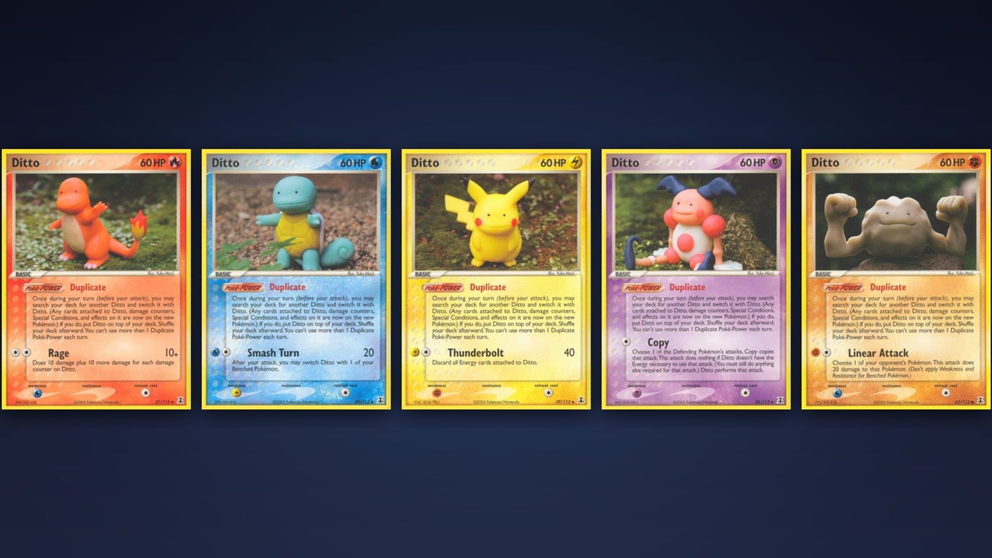 Five of the clay Ditto cards of EX Delta Species, sculpted and photographed by Yuka Morii: Ditto as Charmander, Squirtle, Pikachu, Mr. Mime and Geodude