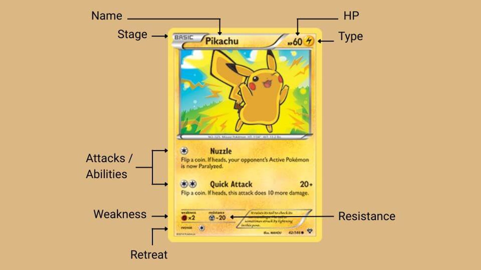A 2014 Pikachu card with its parts labeled: name, stage, HP, type, attacks and Abilities, Weakness, Resistance and Retreat Cost