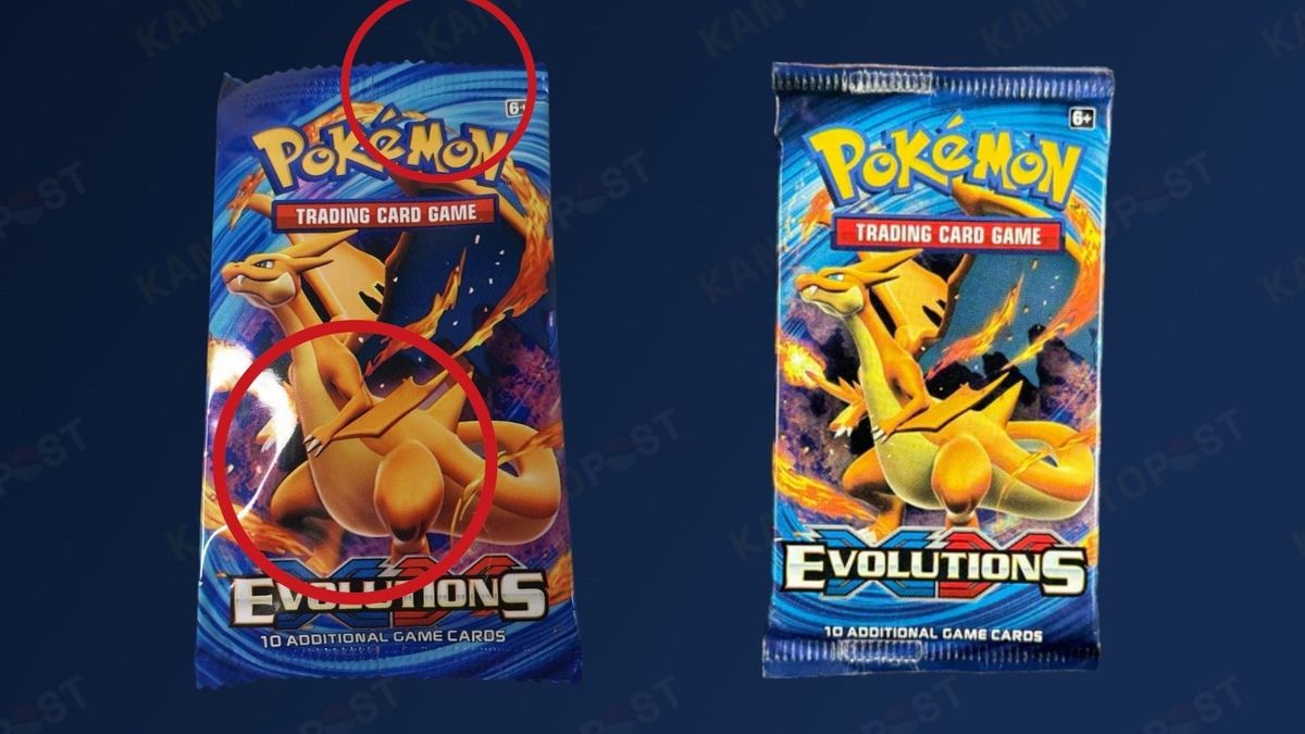 A fake XY Evolutions booster pack next to a real one.
