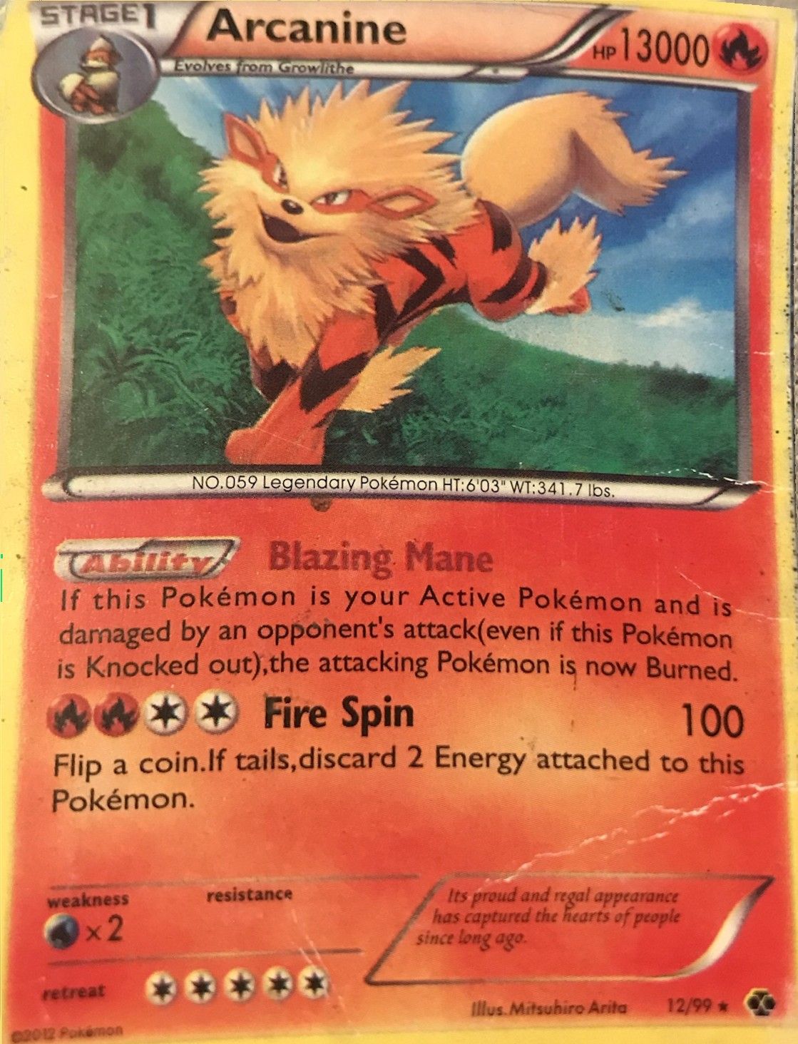 A counterfeit of the same Arcanine printed with 13000 HP, a five-Energy retreat cost and creased stock.