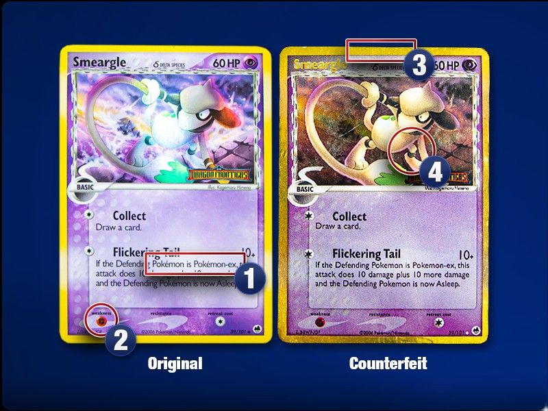 A genuine Smeargle next to a counterfeit that drops the accent on Pokémon in its attack text and whose weakness symbol overflows its orb.