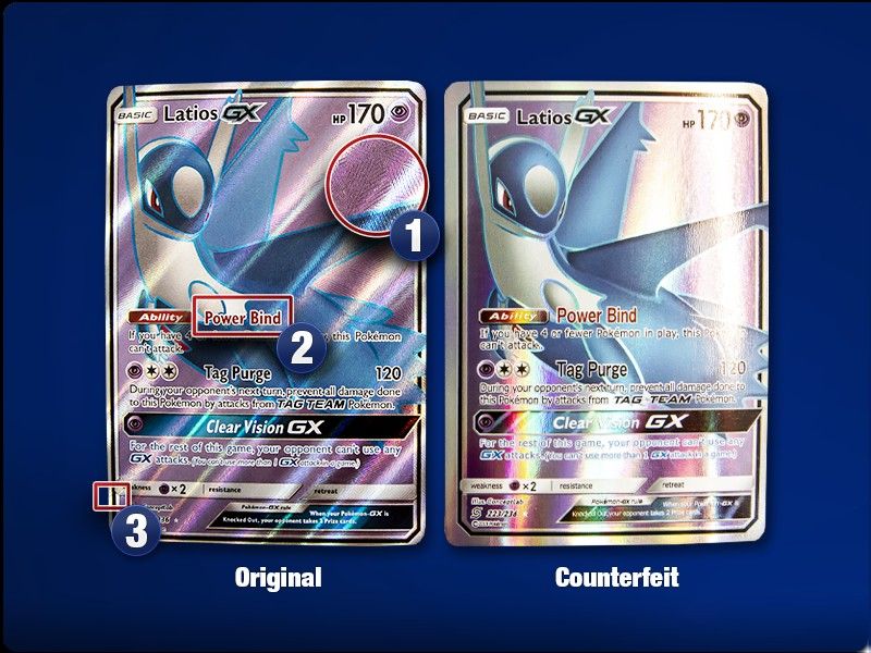 The full-art Latios GX, original and counterfeit: the real card has a raised relief, the fake a smooth flat sheen and blurred text.