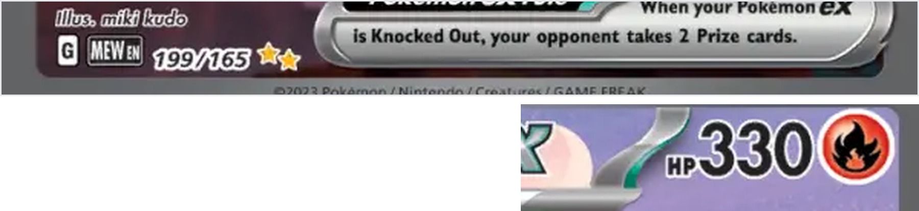 Bottom line and HP corner of the 151 Charizard ex, English 199/165, cropped from our scan.