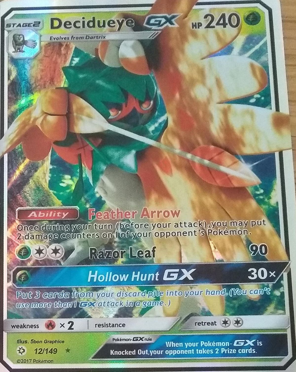 A fake Decidueye GX with a cloth-like weave visible through the whole print.
