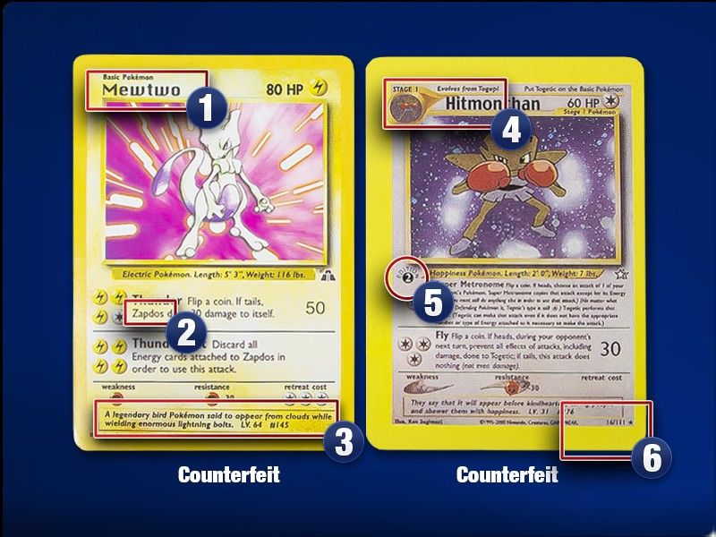 A fake Mewtwo carrying Zapdos attack and flavor text, and a fake Hitmonchan with a 2nd Edition stamp.