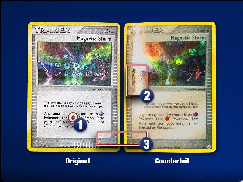 Magnetic Storm, original and counterfeit: on the fake the inline energy symbol swells to fill its orb and sits off center.