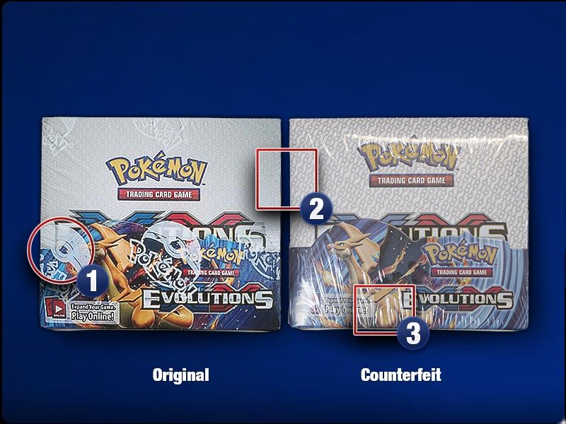 An original XY Evolutions booster box next to a counterfeit with no watermark on the film and packs stacked left to right.