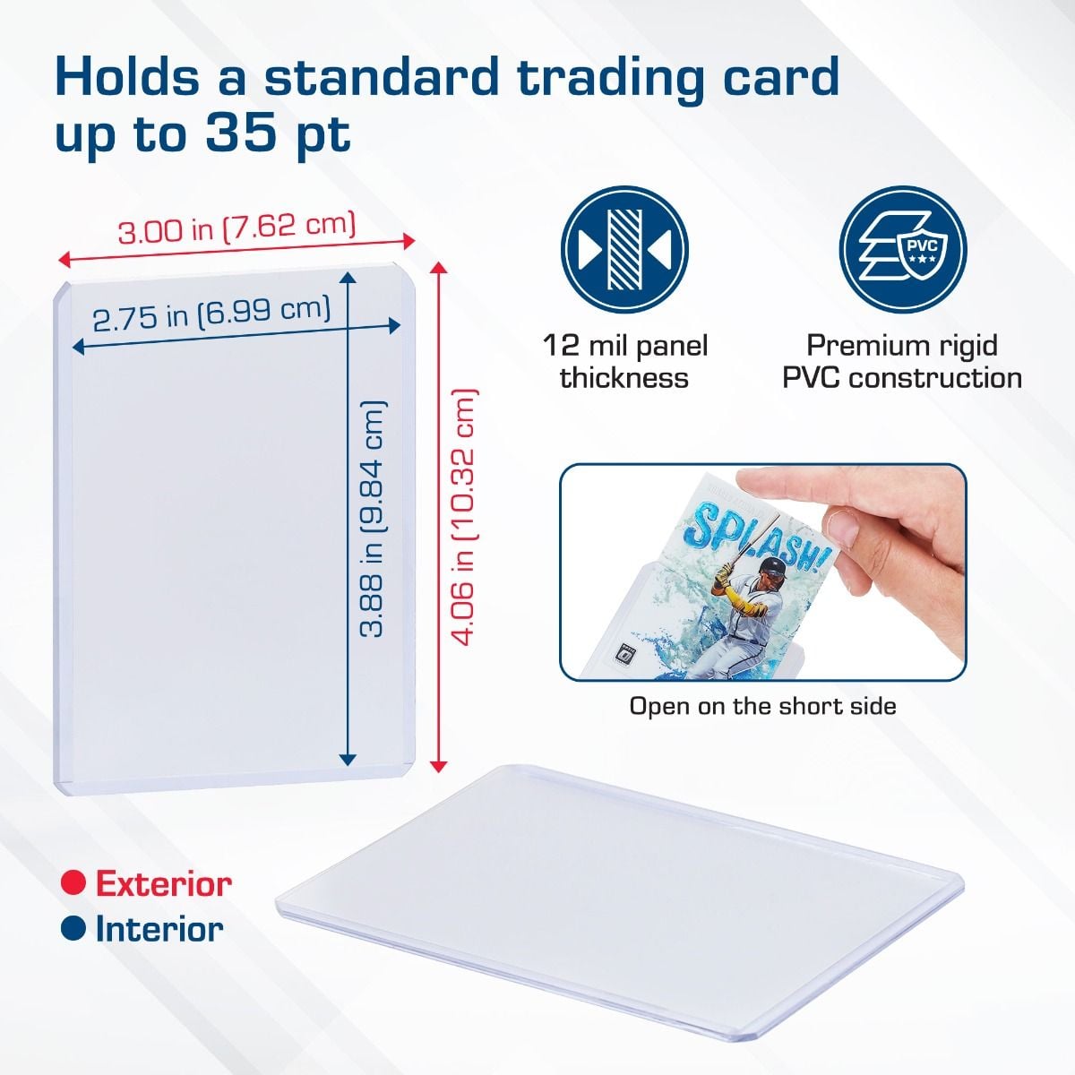 A clear BCW 3 by 4 inch toploader with its outside size, 3.00 by 4.06 inches, and inside size, 2.75 by 3.88 inches, marked, and a card sliding in at the short side.