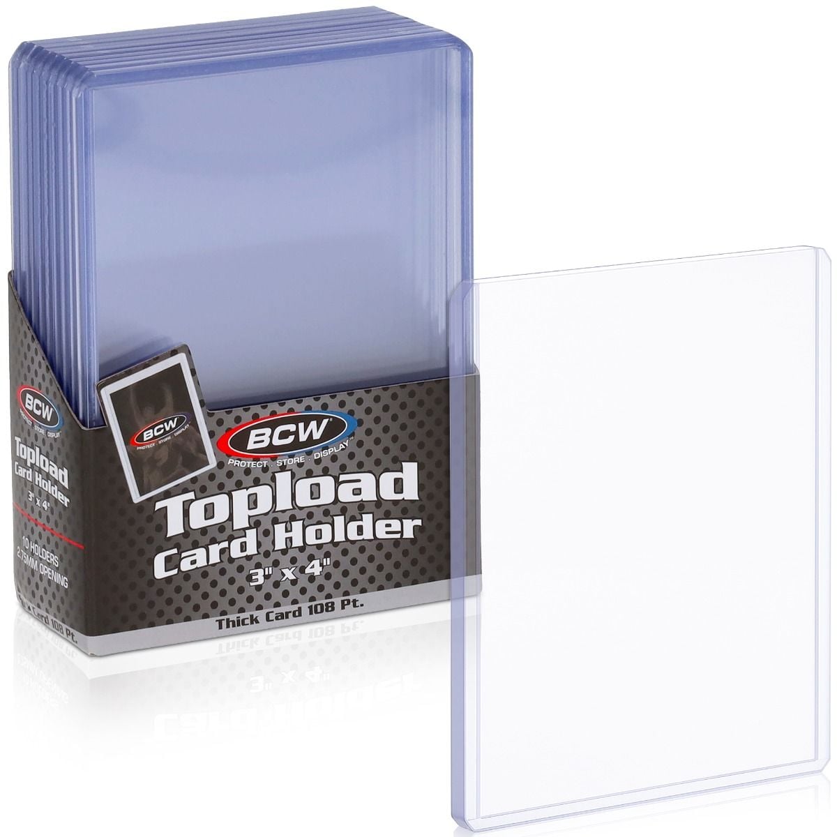 A pack of BCW thick card toploaders rated 108 pt with a 2.75 mm opening, one clear holder in front.