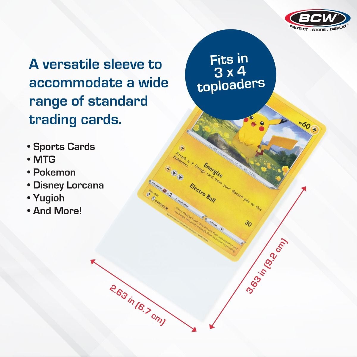 A Pikachu card half inserted in a clear BCW penny sleeve, with arrows marking 2.63 by 3.63 inches.