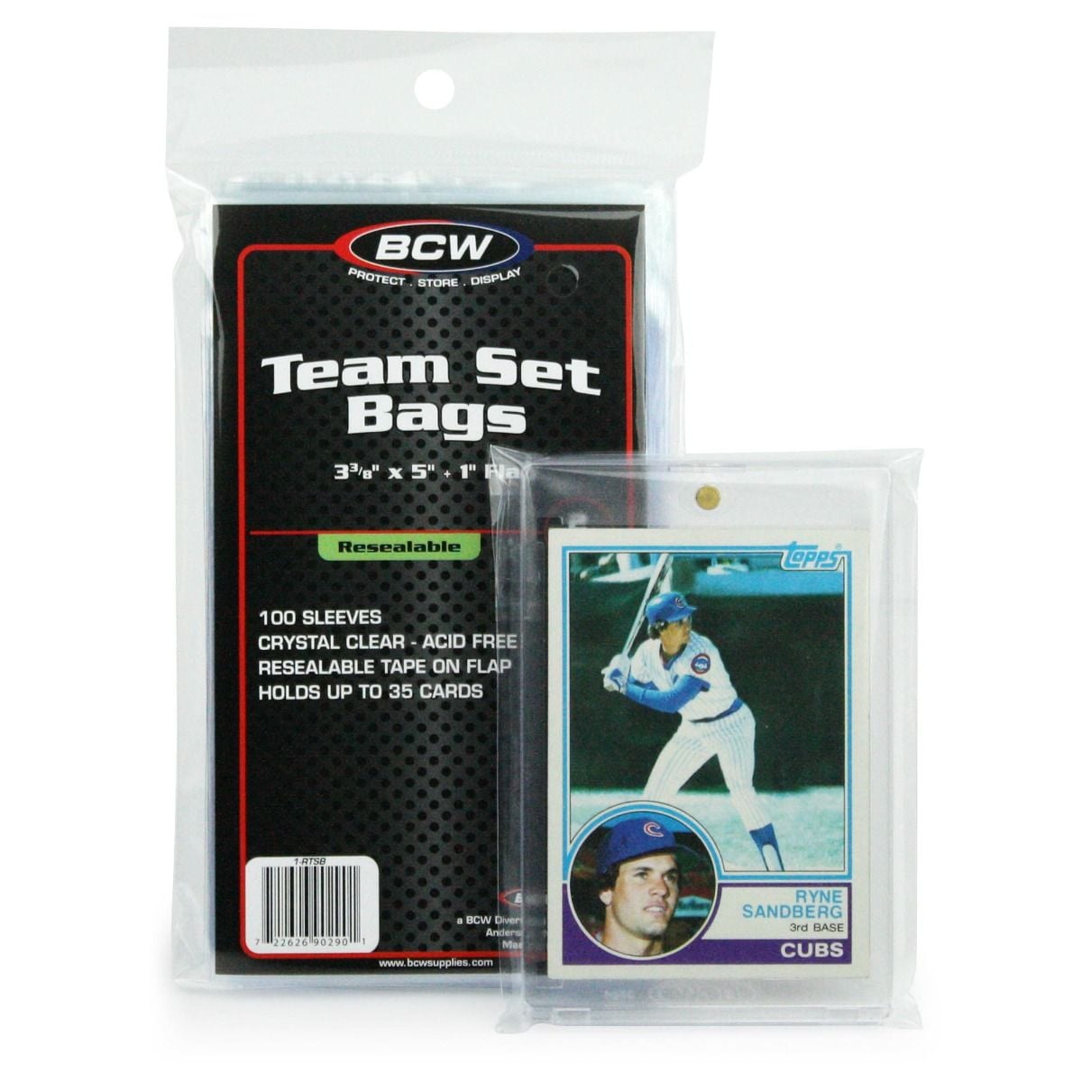 A pack of BCW resealable team set bags, labeled 3 3/8 by 5 inches plus a 1 inch flap, beside one bag holding a card in a magnetic holder.