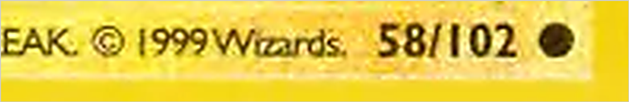 Zoom on the bottom of a Base Set Pikachu: 58/102 followed by the black circle of the common rarity, bottom right on the copyright line