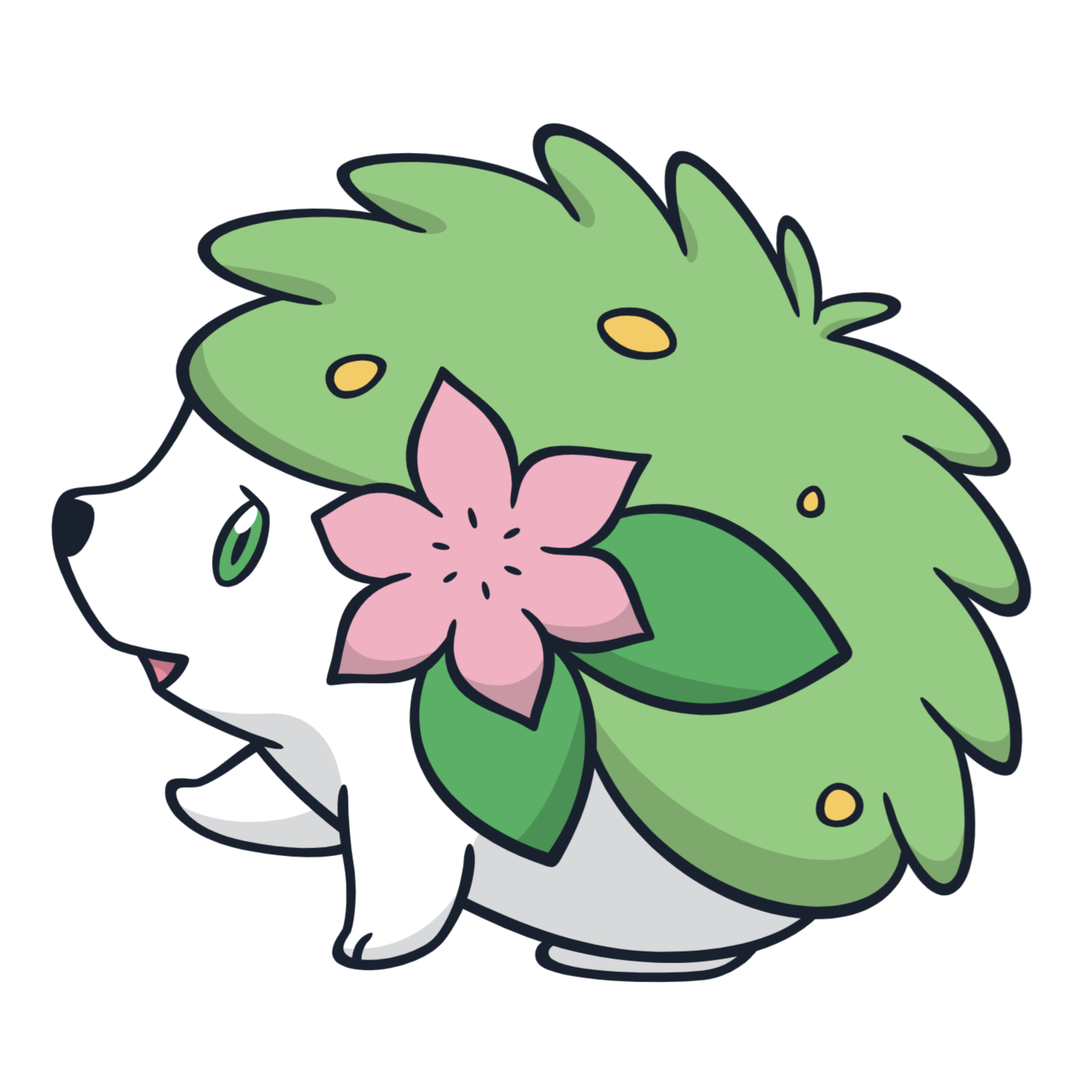 Official artwork of Shaymin in its Land Forme: a small white hedgehog-like Pokémon with a green grassy back and a pink flower.