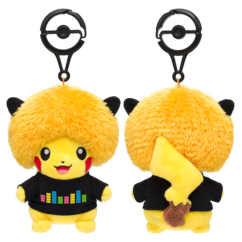 Front and back of a PokéXciting! Pikachu plush charm with a big orange afro and a black T-shirt with colored bars, on a black Poké Ball clip.