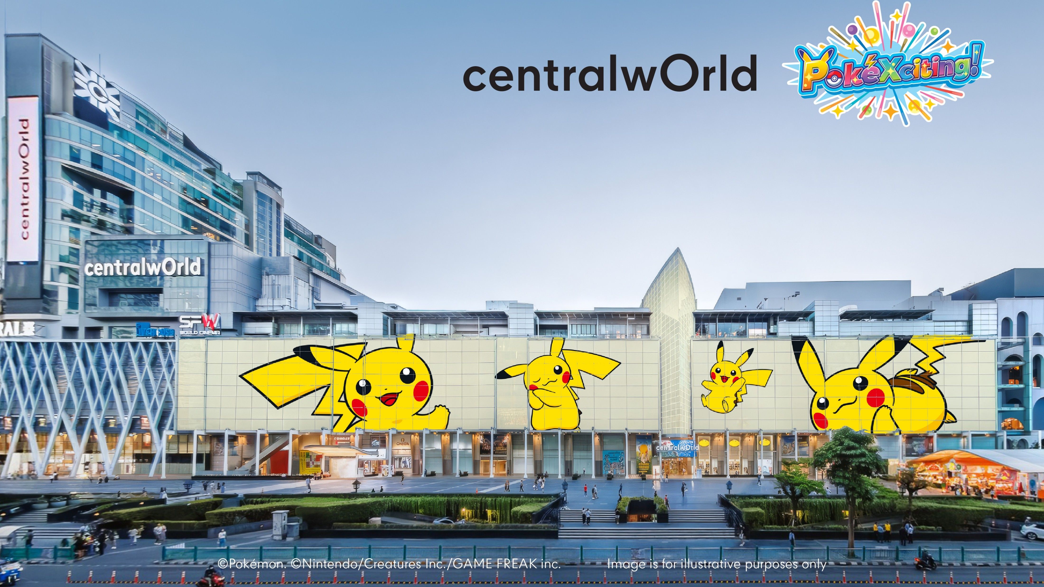 Rendering of the centralwOrld facade with four giant Pikachu across the front and the PokéXciting! logo in the sky.