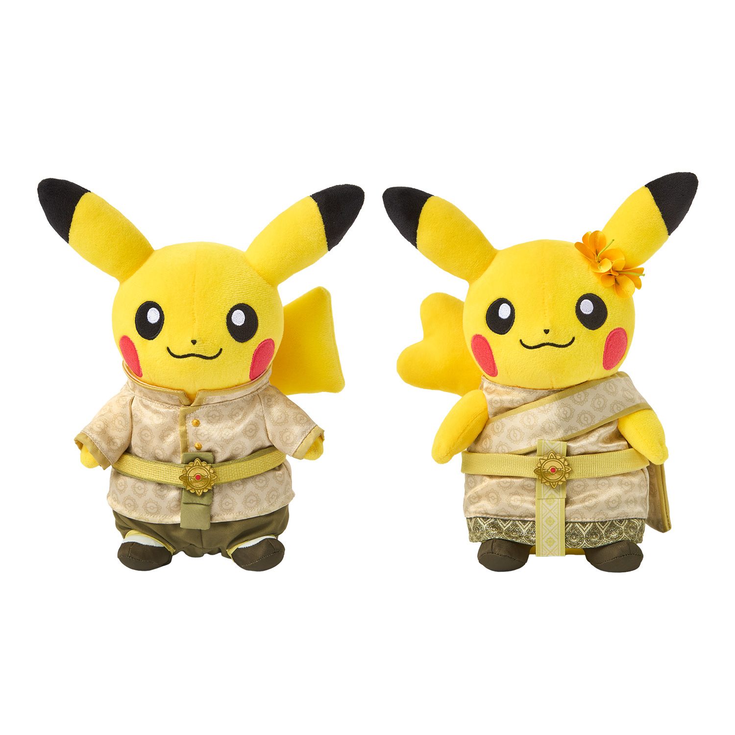Two Pikachu plush in traditional Thai dress: on the left a buttoned cream jacket with a gold belt and olive trousers, on the right a draped cream shawl, a patterned skirt and an orange flower at the ear.