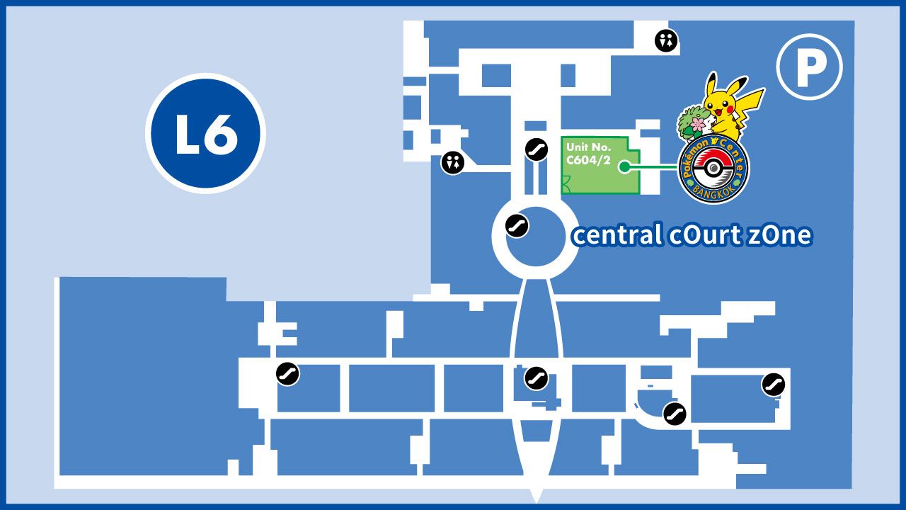 Floor map of centralwOrld level 6 with unit C604/2 highlighted in green in the central court zone, next to an escalator and a round atrium.