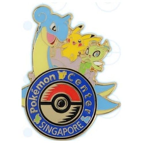 Logo pin of Pokémon Center Singapore, 2020: Lapras, Pikachu and Celebi over the Poké Ball medallion.