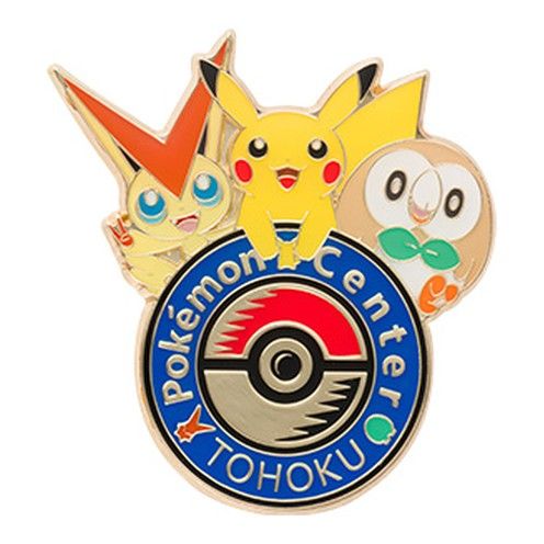 Logo pin of Pokémon Center Tohoku, 2017: Victini, Pikachu and Rowlet over the Poké Ball medallion.