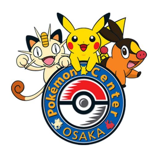 Emblem of Pokémon Center Osaka, 2010, which its logo pin of that year reproduces: Meowth, Pikachu and Tepig over the Poké Ball medallion.