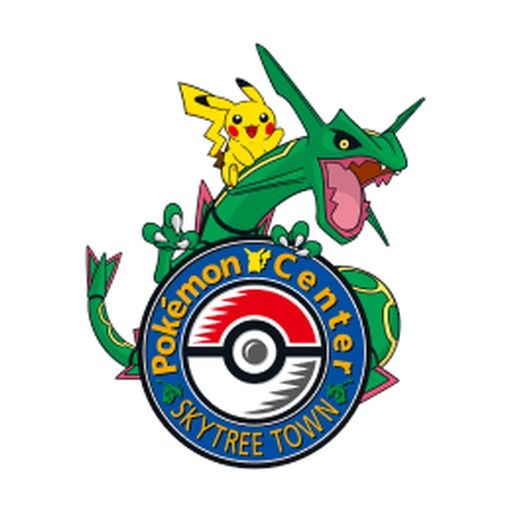 Emblem of Pokémon Center Skytree Town, which its logo pin of 2016 reproduces: Rayquaza and Pikachu over the Poké Ball medallion.