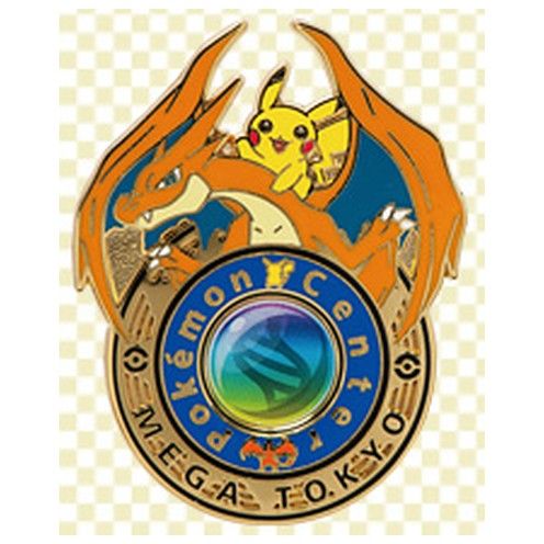 Logo pin of Pokémon Center Mega Tokyo, 2014: Mega Charizard Y and Pikachu around the medallion, a Key Stone at its center.