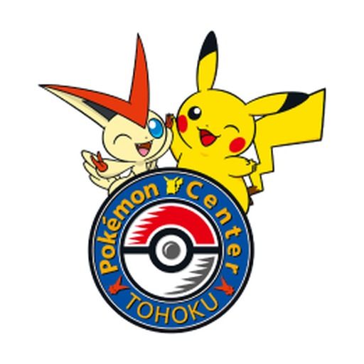 Emblem of Pokémon Center Tohoku, which its logo pin of 2025 reproduces: Victini and Pikachu over the Poké Ball medallion.