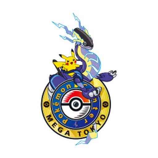 Emblem of Pokémon Center Mega Tokyo, which its logo pin of 2023 reproduces: Miraidon and Pikachu over the Poké Ball medallion.