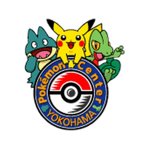 Emblem of Pokémon Center Yokohama, 2005, which its logo pin of that year reproduces: Munchlax, Pikachu and Treecko over the Poké Ball medallion.