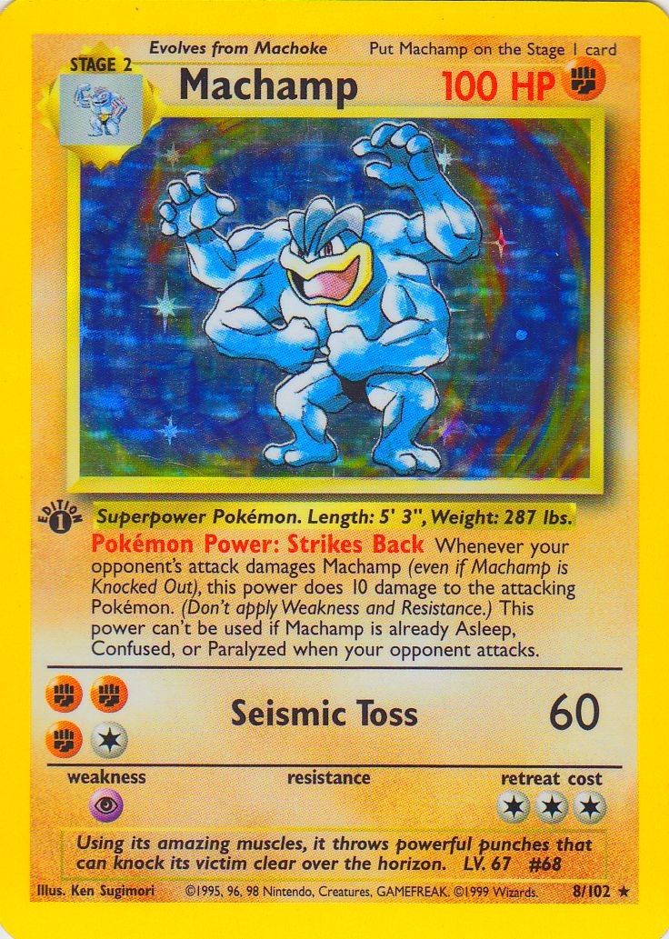 A real starlight holo card: Machamp, Base Set, 1999.