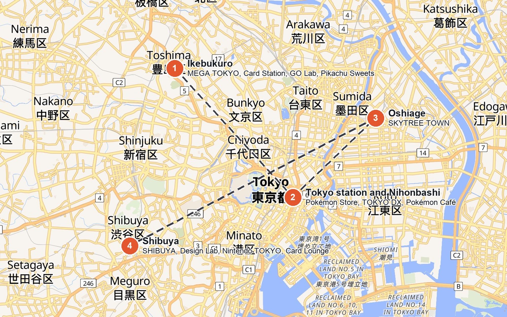 A map of central Tokyo showing only the four Pokémon Centers, the Pokémon Store and the two cafés, from Ikebukuro in the north-west to Oshiage in the east and Shibuya in the south-west.