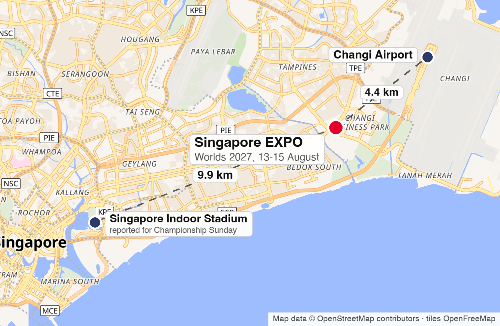 Map of eastern Singapore showing Singapore EXPO 4.4 km from Changi Airport and 9.9 km from the Singapore Indoor Stadium.