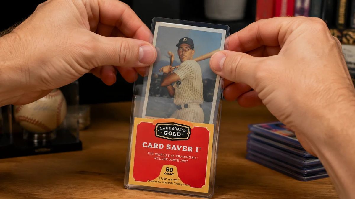 Two hands sliding a card into a semi-rigid Card Saver holder.