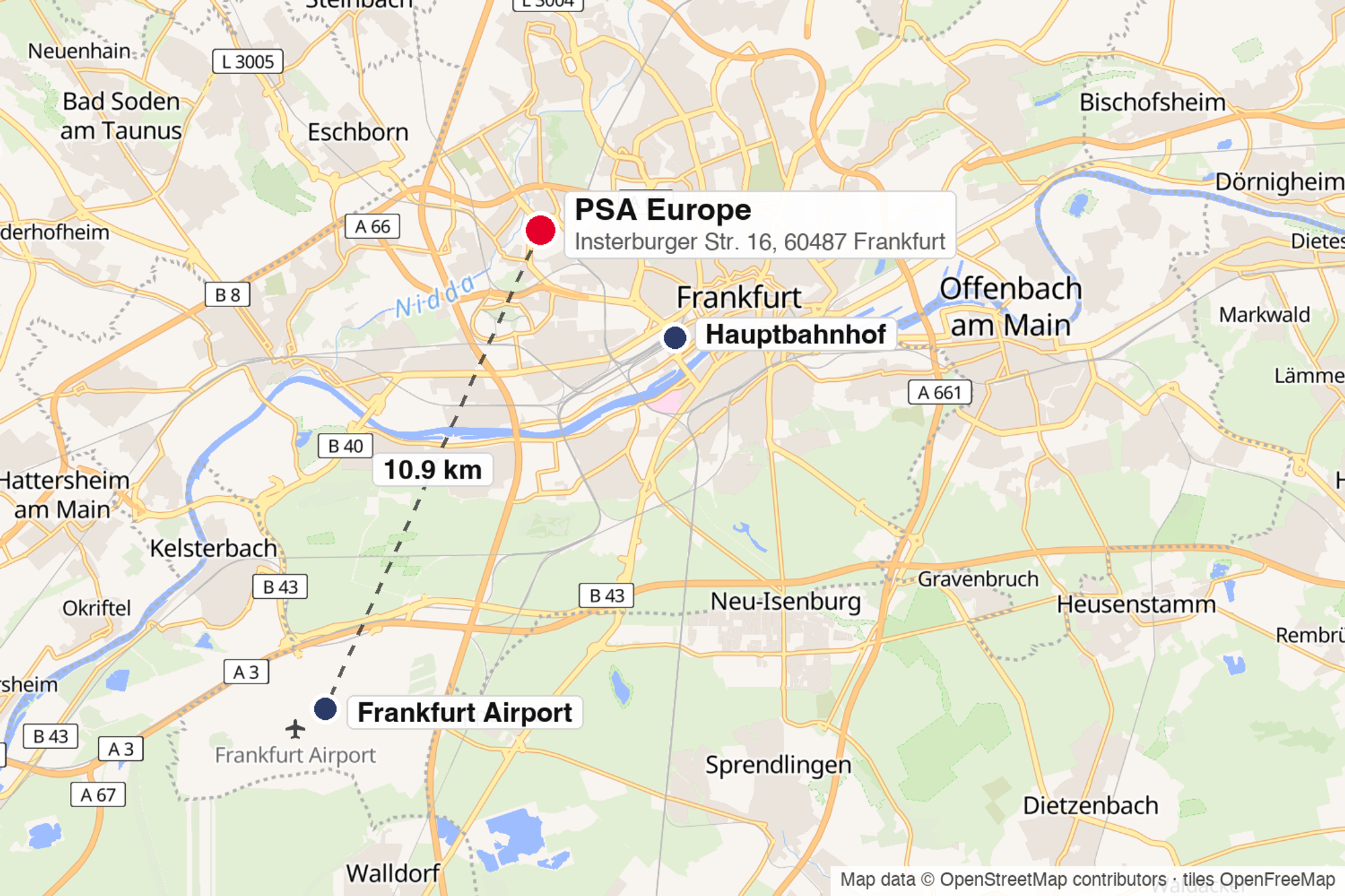 Map of Frankfurt am Main showing the PSA Europe address on Insterburger Strasse in the west of the city, 10.9 km from Frankfurt Airport and 3.6 km from the main station.