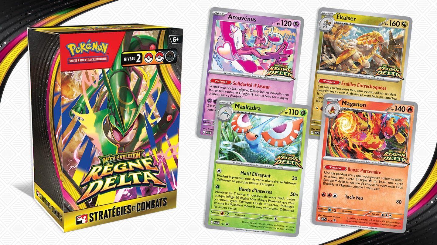 Le Boîtier Stratégies et Combats Méga-Évolution Règne Delta, avec Méga-Rayquaza sur la boîte, à côté de ses quatre cartes promo brillantes en français : Amovénus, Ékaïser, Maskadra et Maganon.