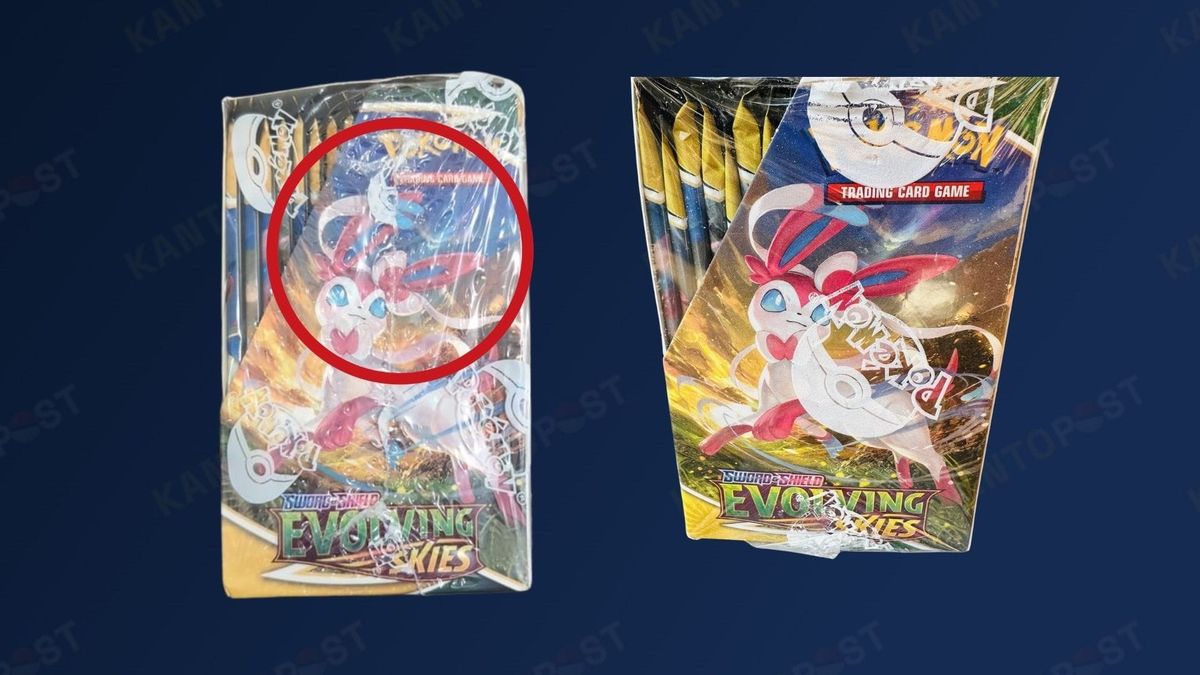 A resealed Evolving Skies booster box with loose, misshapen film next to a genuine one whose film carries the printed logo pattern.