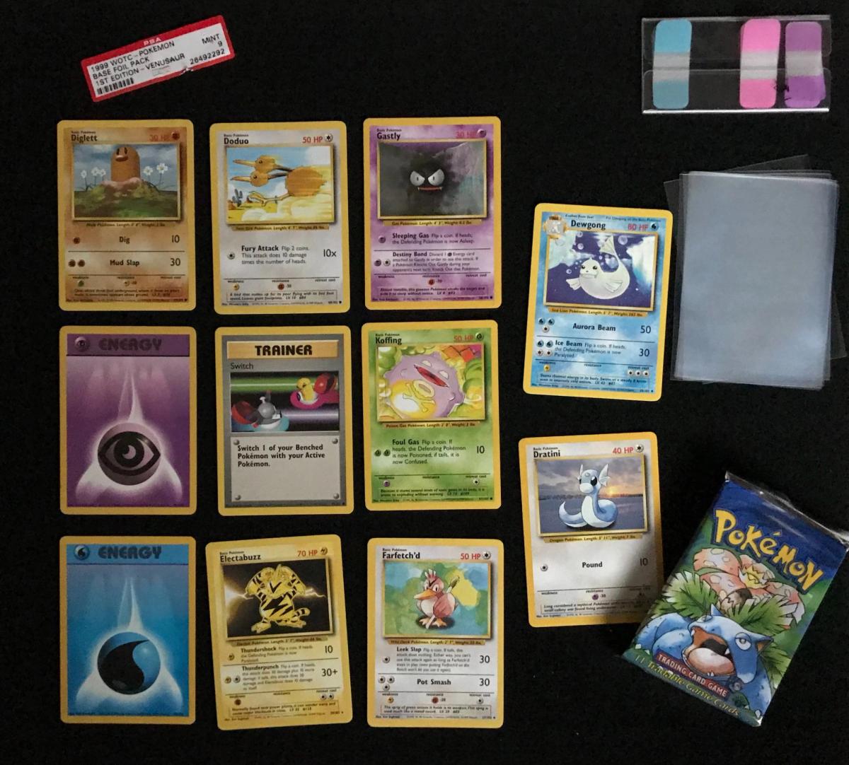 The opened pack: the cut-out PSA label, the 1st Edition wrapper and eleven Base Set cards without the 1st Edition stamp.