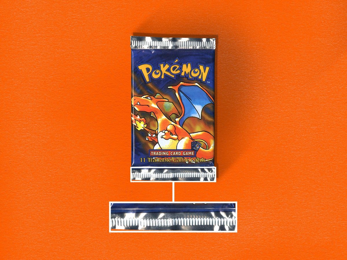 A 1999 Base Set pack with a short crimp: fewer, wider crimp lines.