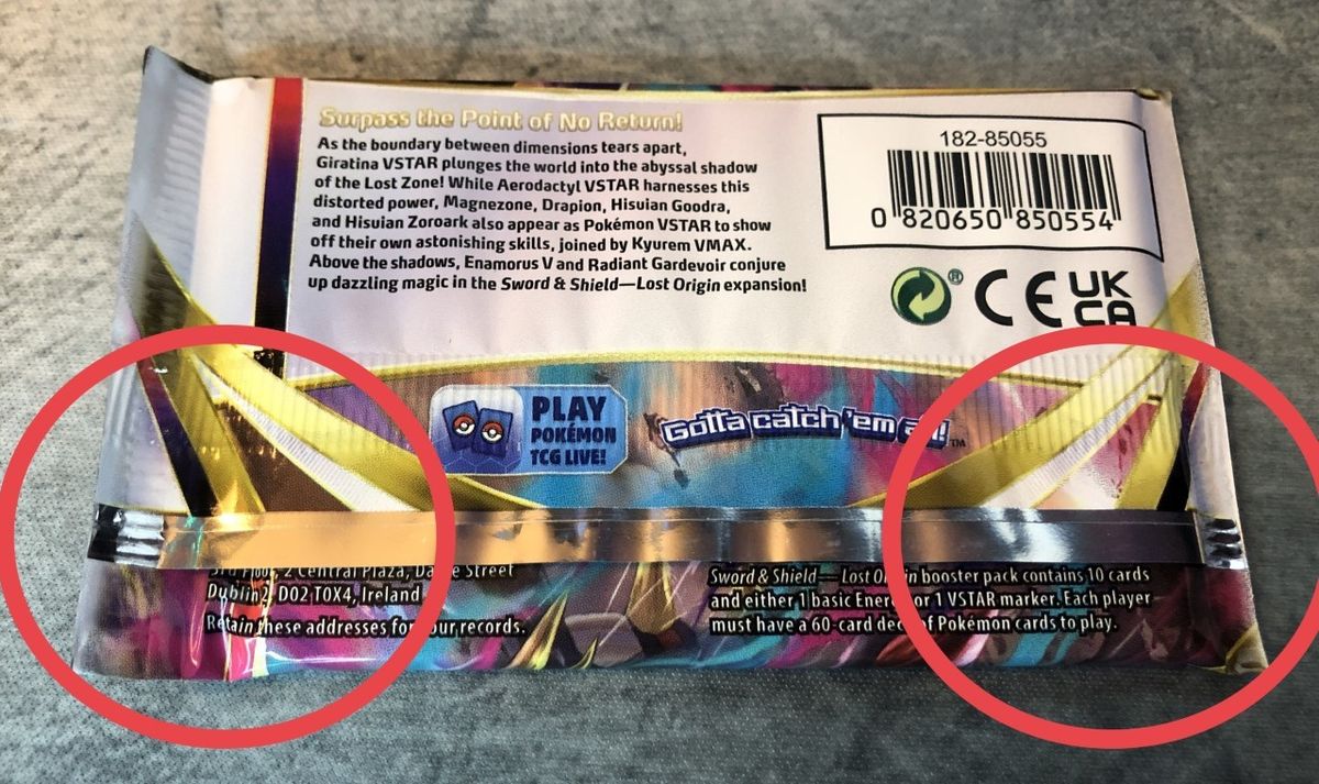 The back fin seam of a modern pack, heat sealed, with its two ends circled.