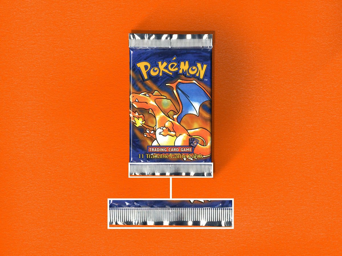A 1999 Base Set pack with a long crimp: tightly spaced vertical crimp lines running the full width.